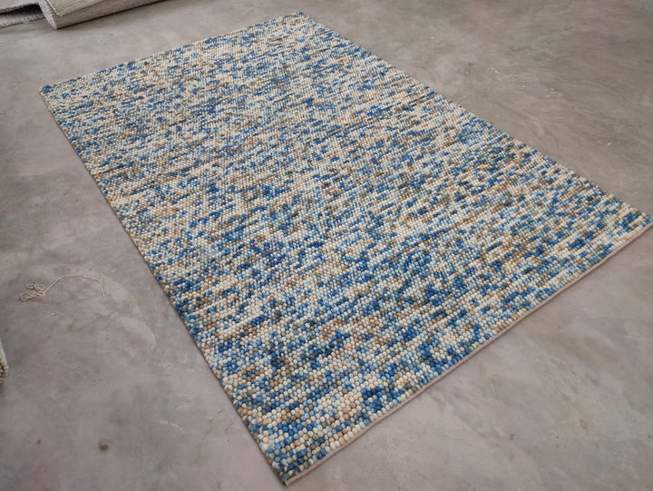 Pebbles Pure Blue Multi Wool Hand Woven Rug