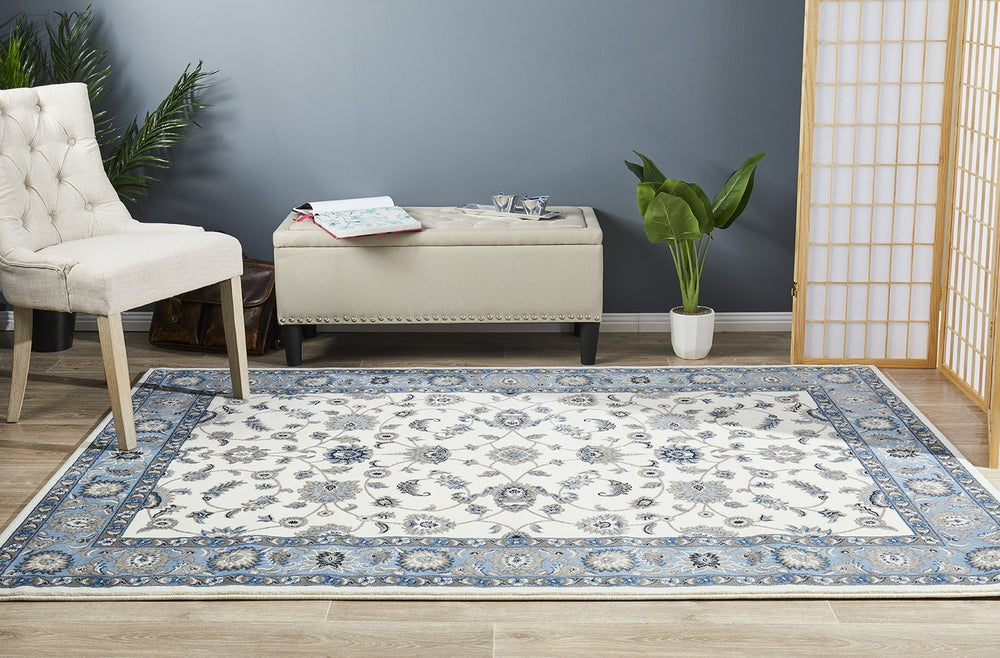 Sydney Collection Classic Rug White With Blue Border