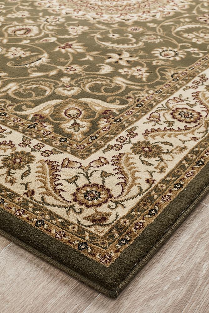 Sydney Collection Medallion Rug Green With Ivory Border